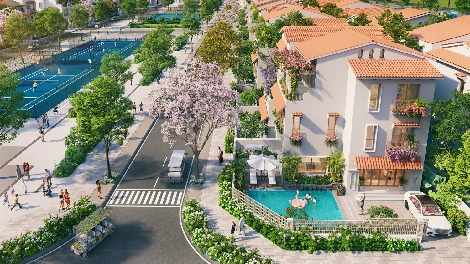 Một căn biệt thự Casa Blanca City nhìn từ trên cao, hồ bơi riêng trong sân, phía đối diện là sân thể thao và tuyến đường nội khu