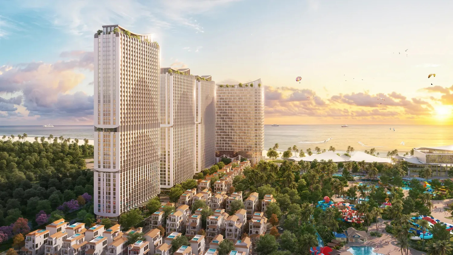 Cụm tháp căn hộ cao tầng Blanca City nhìn từ nội khu, các khối tháp bao quanh mảng xanh và hồ nước trung tâm