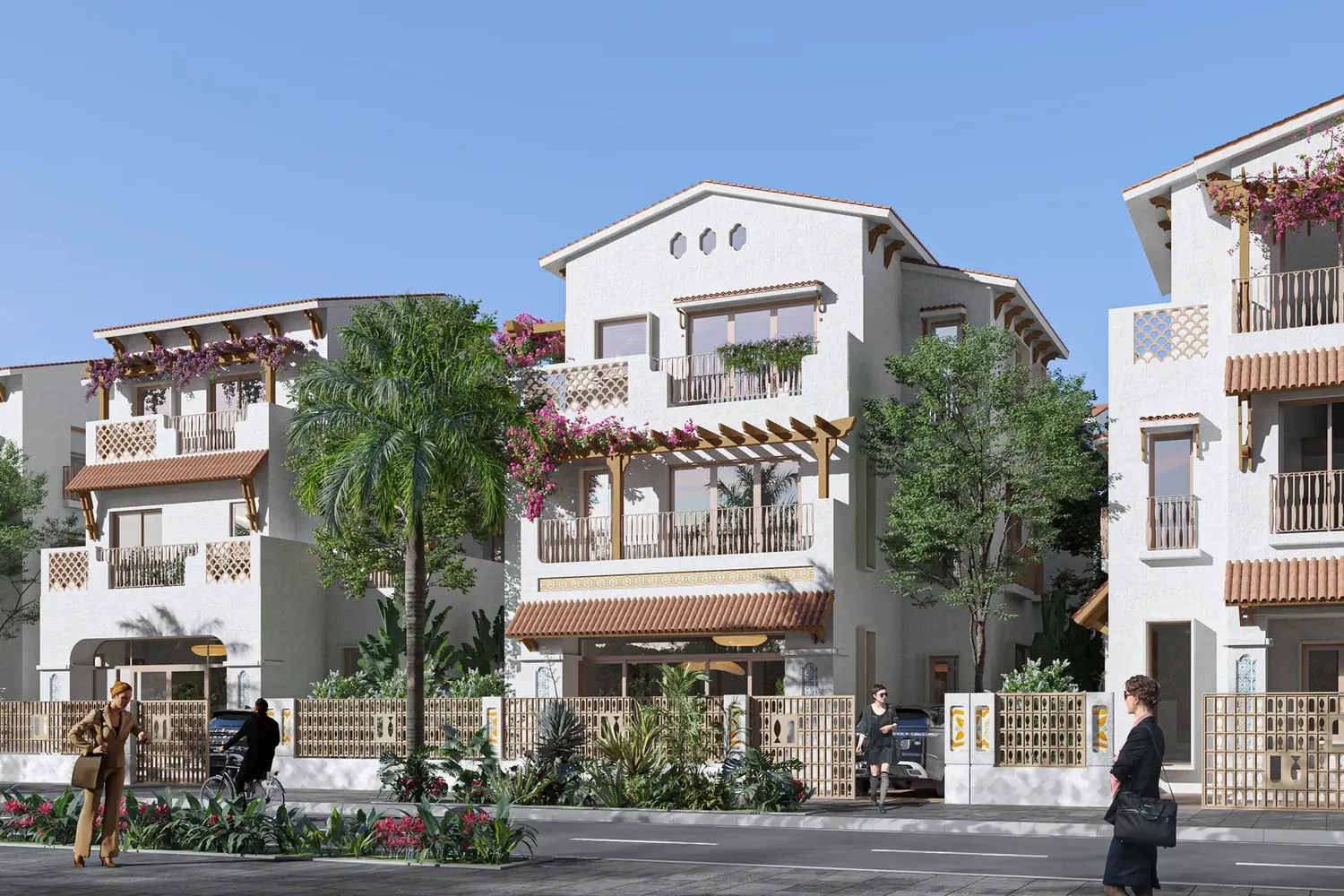 Mặt đứng biệt thự Casa Blanca City theo kiến trúc Iberia, tường trắng và mái ngói đỏ terracotta