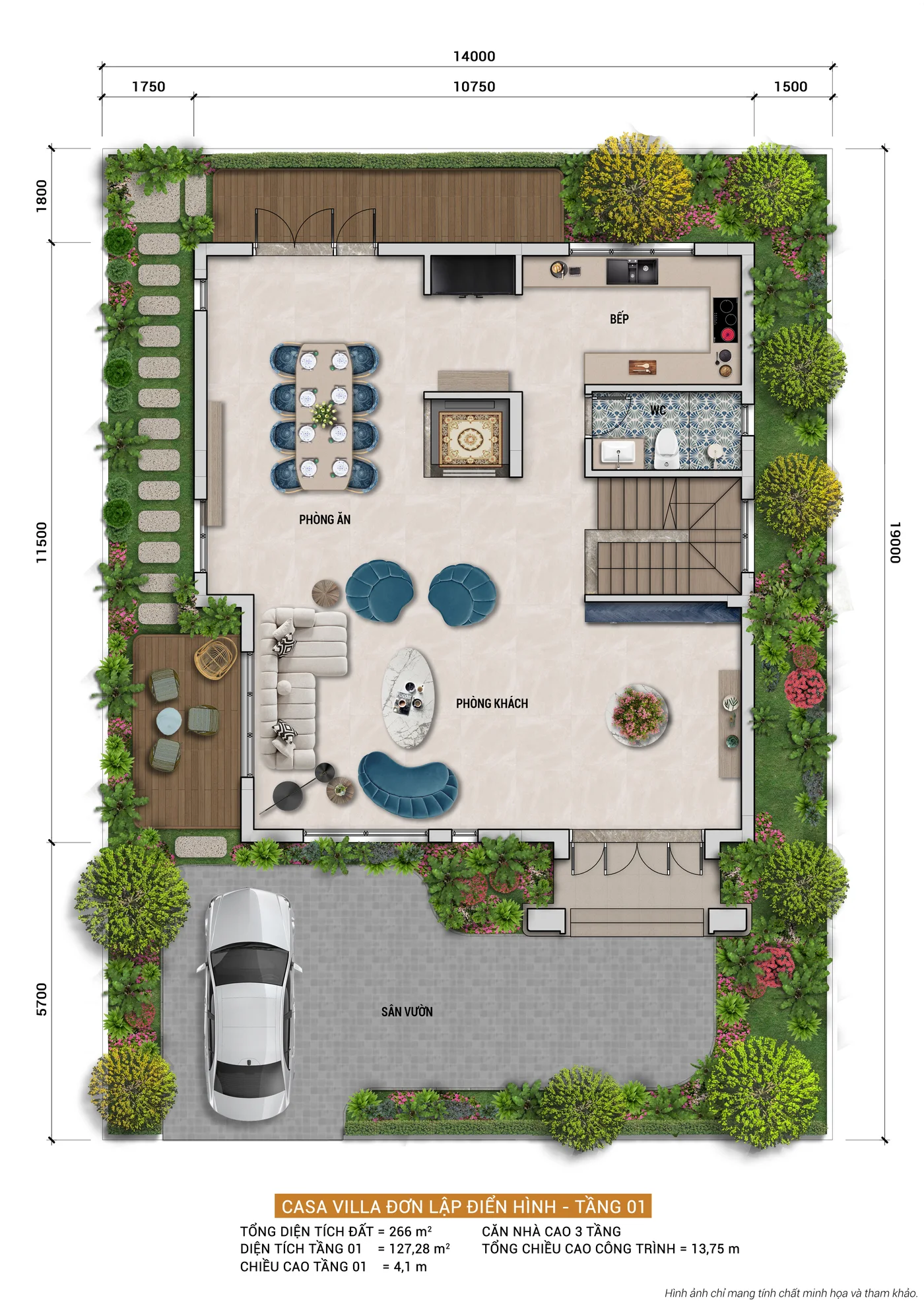 Bản vẽ mặt bằng tầng một biệt thự đơn lập Casa điển hình trên lô đất 266m², gồm phòng khách, phòng ăn, bếp, WC, cầu thang, sân vườn bốn mặt và chỗ đậu ô tô trong khuôn viên