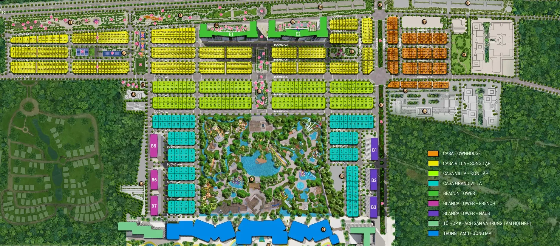 Mặt bằng khu thấp tầng Casa Blanca City tô màu theo dòng nhà: townhouse màu cam, song lập màu vàng, đơn lập màu xanh lá, Grand Villa màu xanh ngọc, bao quanh công viên nước Sun World ở lõi