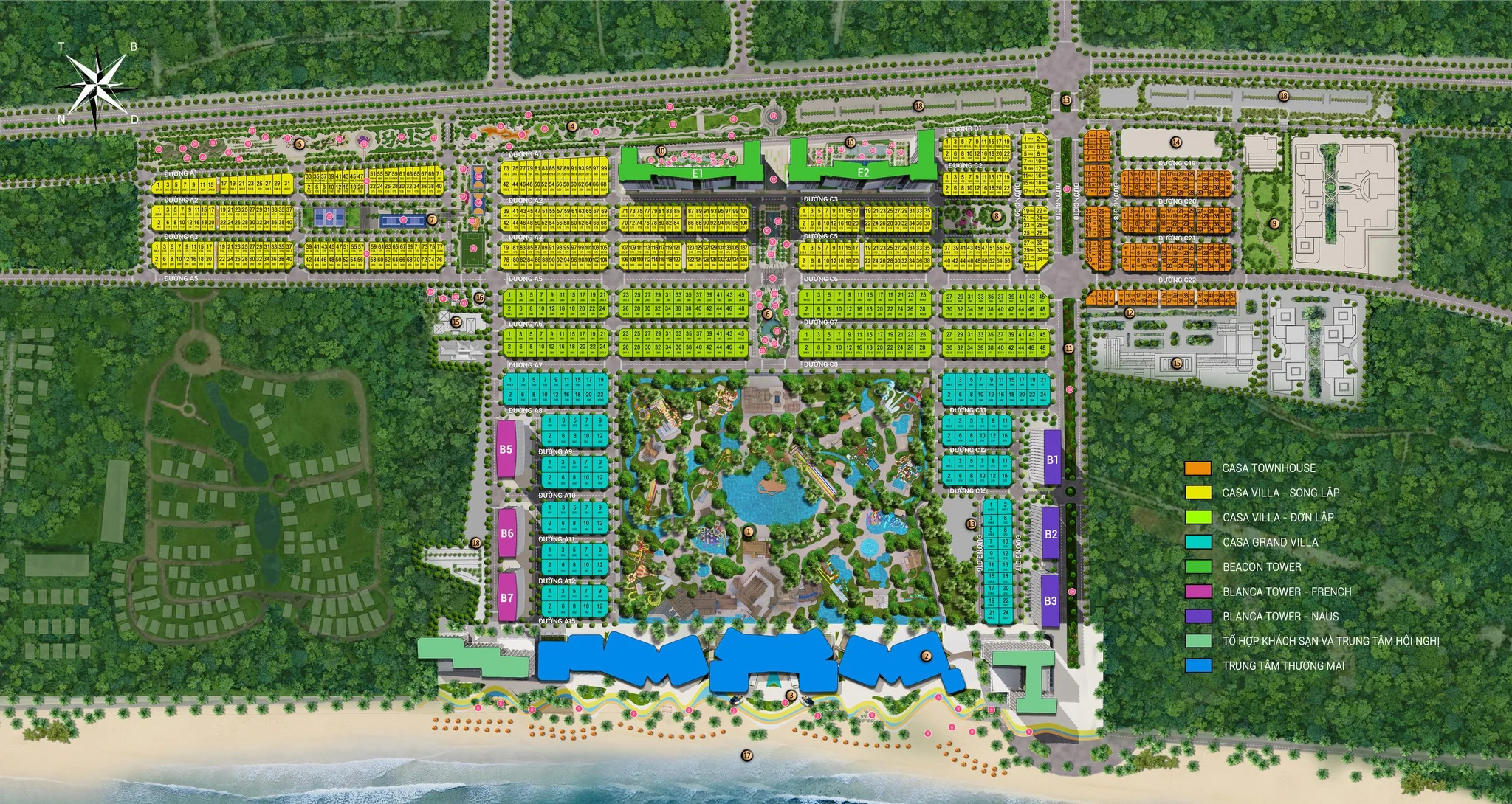 Mặt bằng tổng thể Blanca City: khu thấp tầng Casa nằm phía trong, các tháp căn hộ và công viên nước ở lõi, dải khách sạn và thương mại sát bãi biển