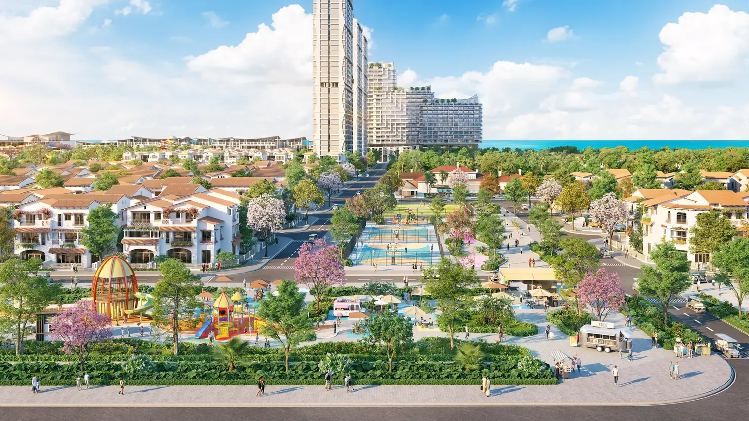 Công viên nội khu Casa của Blanca City nhìn từ trên cao, hai bên là dãy nhà tường trắng mái ngói đỏ terracotta theo kiến trúc Iberia