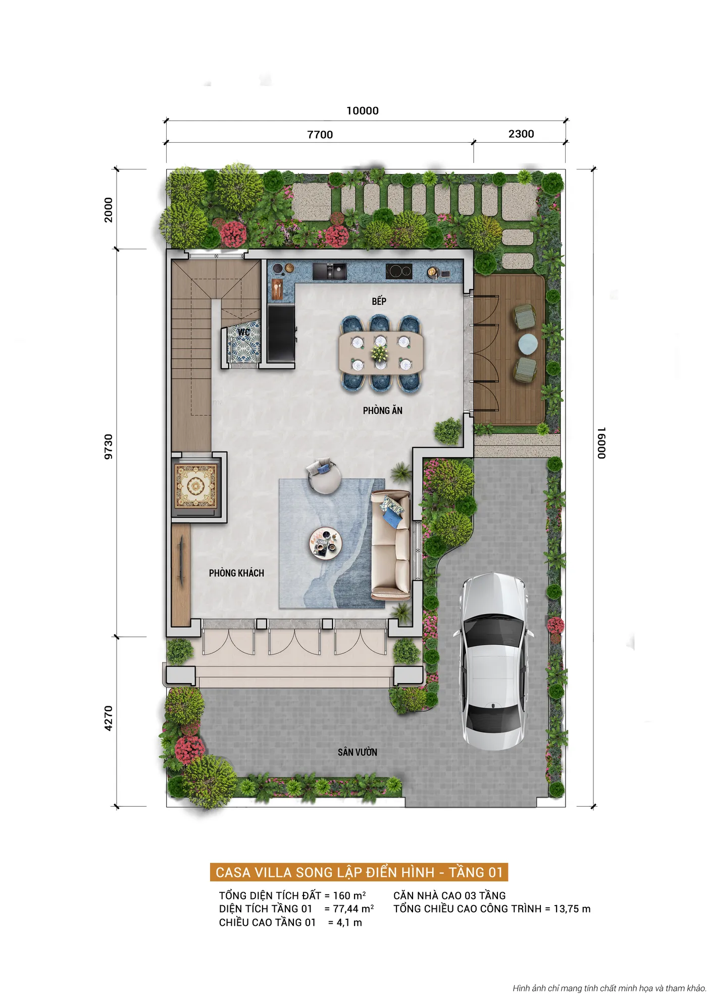 Bản vẽ mặt bằng tầng một biệt thự song lập Casa điển hình trên lô đất 160m², gồm phòng khách, phòng ăn, bếp, WC, cầu thang, sân vườn và chỗ đậu ô tô trong khuôn viên