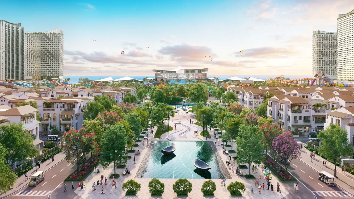Dãy nhà thấp tầng Casa Blanca City nhìn dọc trục cảnh quan nội khu, kiến trúc Iberia tường trắng mái ngói đỏ terracotta